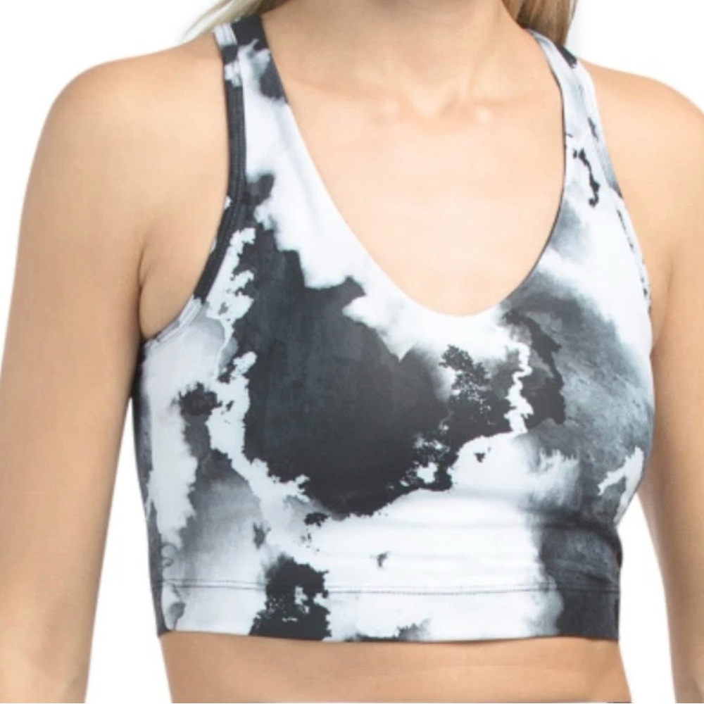 Sage Collective Sports Bra Cloud Dye Longline- black/gray/white marble Sz M